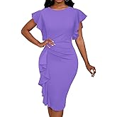 Womens Short Ruffle Sleeve Church Dress 50S Vintage Crew Neck Bodycon Work Pencil Midi Dress
