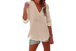 Beach Shirts for Women V Neck Long Sleeve Cover Up Hoodies Side Slit Lightweight Gauze Hooded Tops Blouse with Pocket