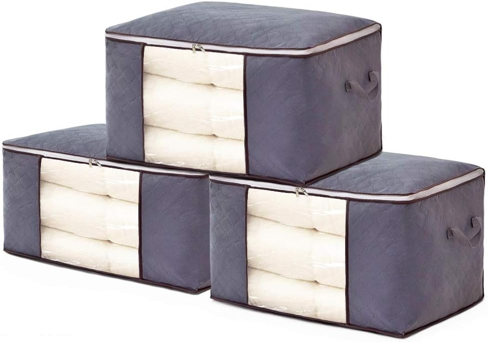 84L Clothes Storage Bags with Zips, 3 PCS Duvet Storage Bag King Size, Thick Breathable Fabric Underbed Storage Bags with Clear Windows, Large Storage Bags for Quilt, Clothes, Bedding, Blankets (Grey)