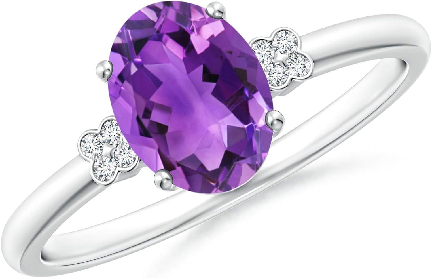 Solitaire Oval Amethyst Ring with Diamond Floral Accent in 14K White