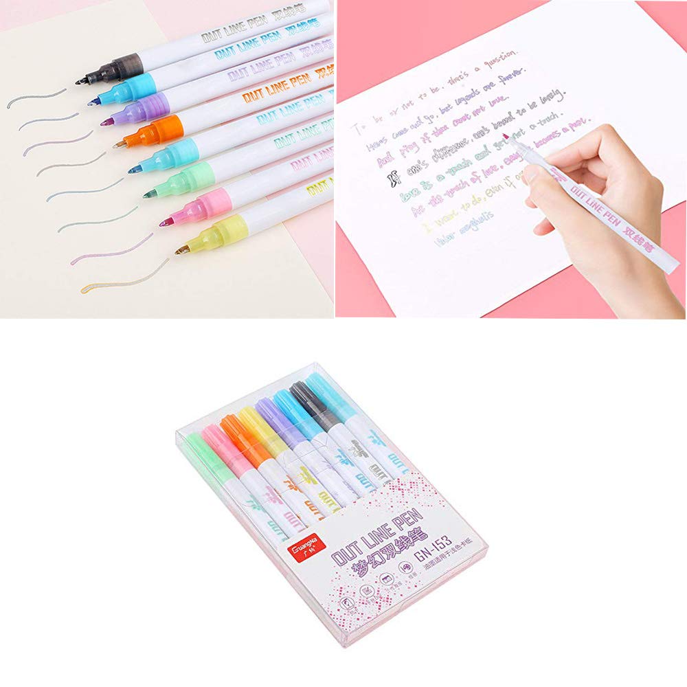 Stylo Contour Double Ligne, SouthStar 8pcs Stylo de Couleur à Deux Lignes Stylos de Surligneur de Marqueurs Métalliques pour La Fabrication de Cartes-Cadeaux, Peinture de Roche D\'art