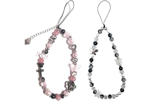 Meefisher 1-2 PCS Butterfly Y2K Beaded Phone Charm Black White Purple Blue Green Cute Charms Cell Phone Lanyard Strap Handmade Acrylic Flower Wrist Beads Chain Sweet Gifts for Girls Women