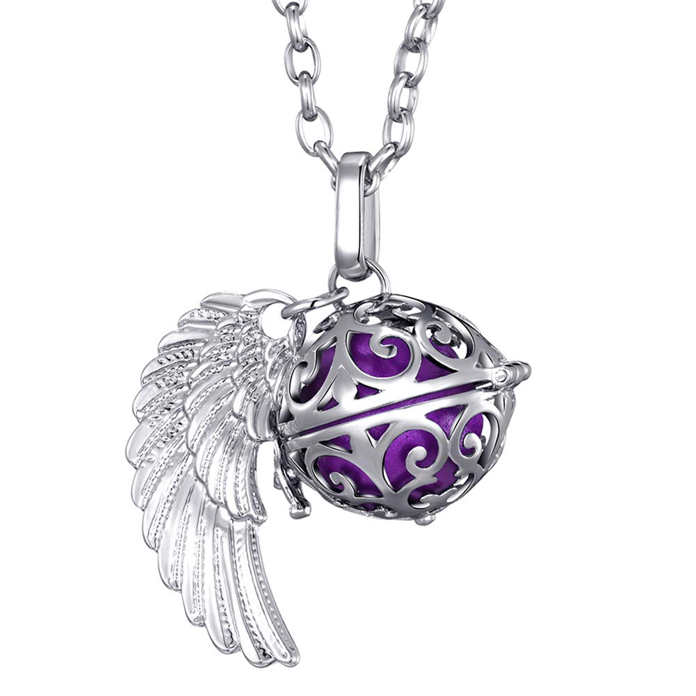 Morella Women Necklace Stainless Steel 70 cm 27,5" with Ornament with Angel Wing Pendant with Sound Ball Purple Ø 16 mm 0,63" in a Velvet Jewelry Bag