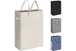 Chrislley 45L Slim Laundry Hamper Narrow Laundry Basket with Handle Foldable Dirty Clothes Portable Skinny Hamper Organizer Storage Bins (22 inches, beige)