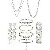 KRLBZER Jewelry Set for Men, Punk Accessories Alt Jewelry Goth Jewelry | Silver &amp; Black Styles，Mix &amp; Match for Daily Outfits