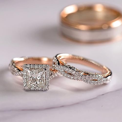 Engagement rings for couples set,3 pc His and Her Wedding Ring Set,  Hypoallergenic Rose Gold Ring Set, Cubic Z