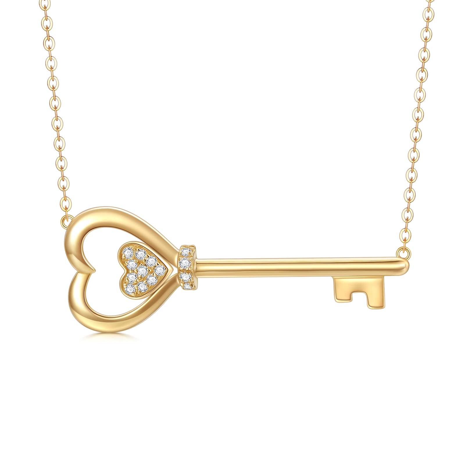 SISGEM 9 ct Gold Key Necklace, Solid Yellow Gold Diamond Heart Pendant Necklace with Diamond 0.074ctw, G-H, SI2, for Women Girls Ladies Mum Sisters, 16"+1"+1"