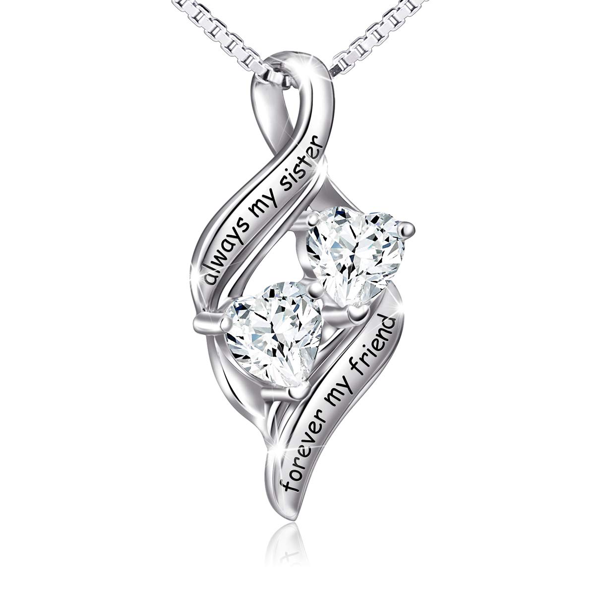 Flyow 925 Sterling Silver Heart Necklace for Sister Women Engraved Always My Sister, Forever My Friend, Forever Love Pendant Necklaces with Sparkling Cubic Zirconia