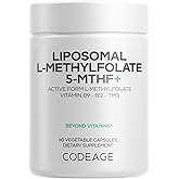 Codeage Liposomal L-Methylfolate 5-MTHF+ - Active Vitamin B9, Methylcobalamin B12, Betaine TMG, B6-2-Month Supply Multivitamins - Liposomal Delivery - Bioavailable B-Vitamin Complex - 60 Capsules