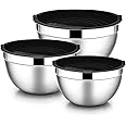E-far Mixing Bowls with Lids, 6-Piece Stainless Steel Salad Bowls Metal Nesting Bowls for Baking Cooking and Prepping, Airtight Lids & Stackable Design, Size 4.5, 3, 1.5 QT (Black)