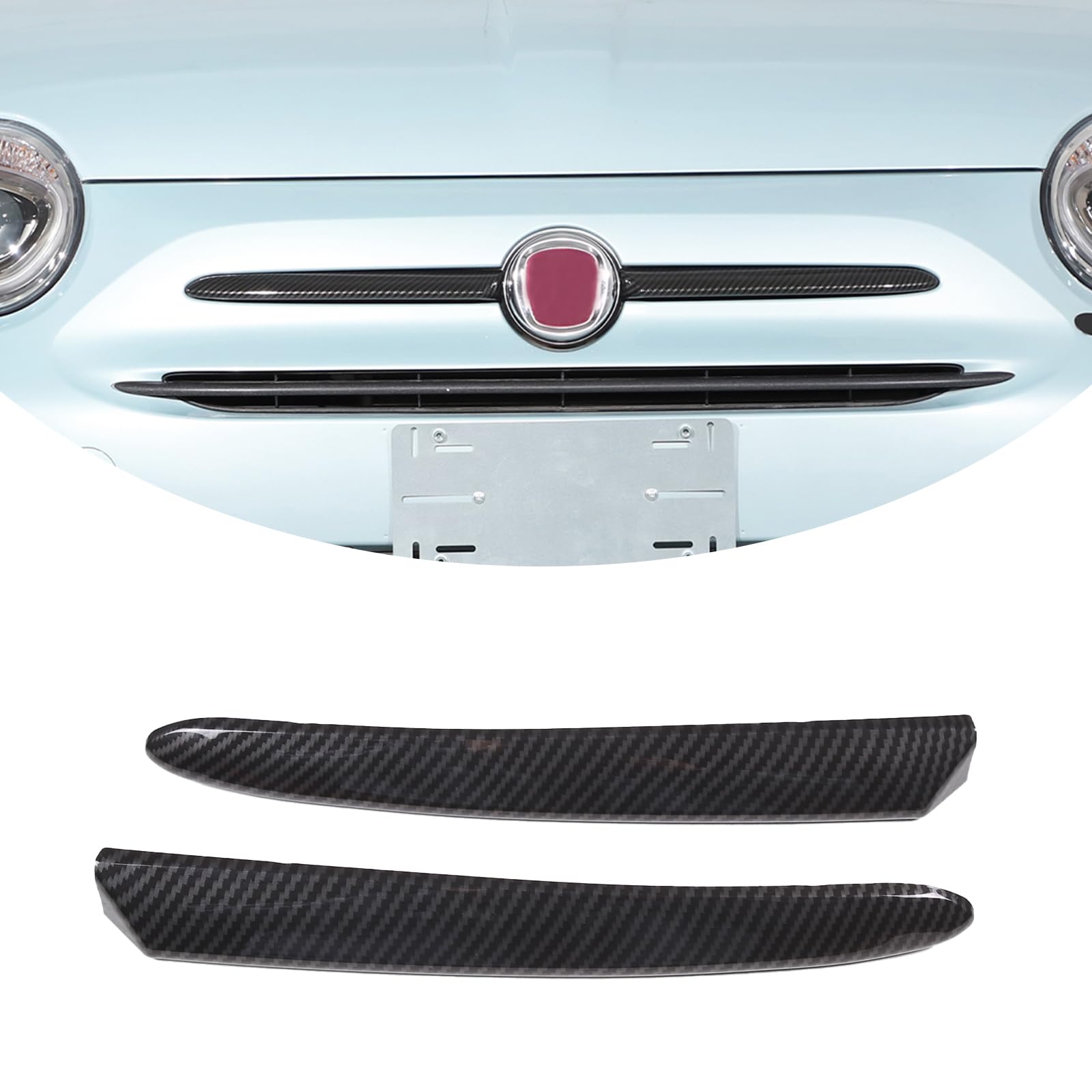 Photo 1 of Car Front Logo Both Sides Cover Trim 1pc Fit for Fiat 500 2016 2017 2018 2019 2020 2021 2022 2023 2024 2025+ Car Front Logo Both Sides Trim Strip (Black Carbon Fiber)