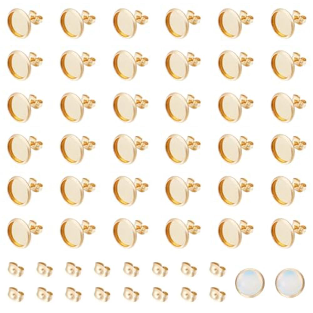 UNICRAFTALE 60pcs 18K Gold Plated Cabochon Blanks Stud Ear 10mm Earrings Post Trays Stainless Steel Earring Bezels Trays Post Cup Stud Findings with Loop and Ears Back for Earring Jewelry Making