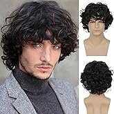 Beweig Mens Short Curly Black Wig with Bang Synthetic Cosplay Halloween Costume Party Natural Hair Wig