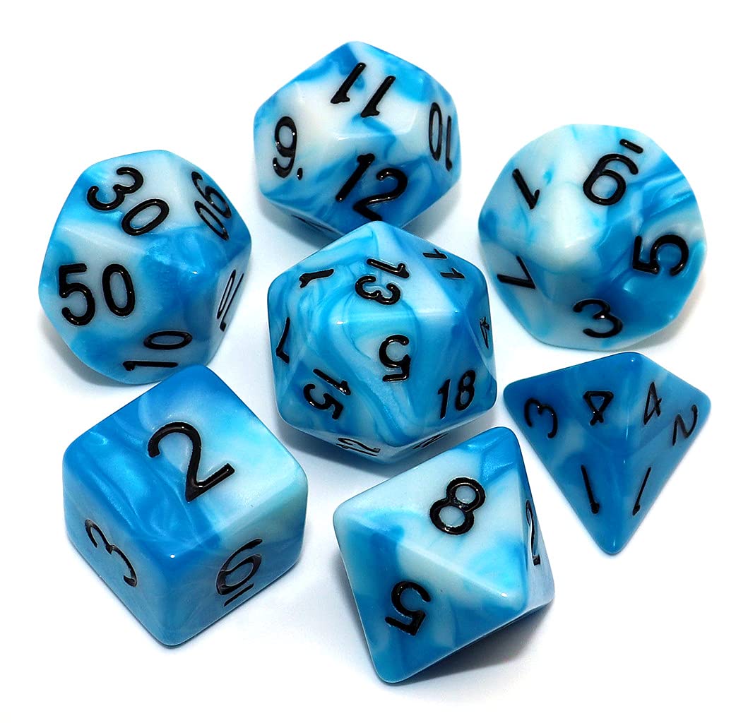 CREEBUY DND Polyhedral Dice Set Blue & White Dice for Dungeon and Dragons D&D RPG COC Role Playing Games Tabletop 7-Die Set with Dice Bag