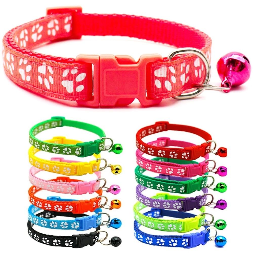 Doggie Style Store Small Dog Puppy Pet Collar Pawprint Design with Bell Nylon Adjustable Size 19-32cm Coral Red Watermelon