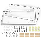 Ohuhu License Plate Frames, 2 Pcs 4 Holes Slim Stainless Steel Polish Mirror License Plate Frame + Chrome Screw Caps (Silver)