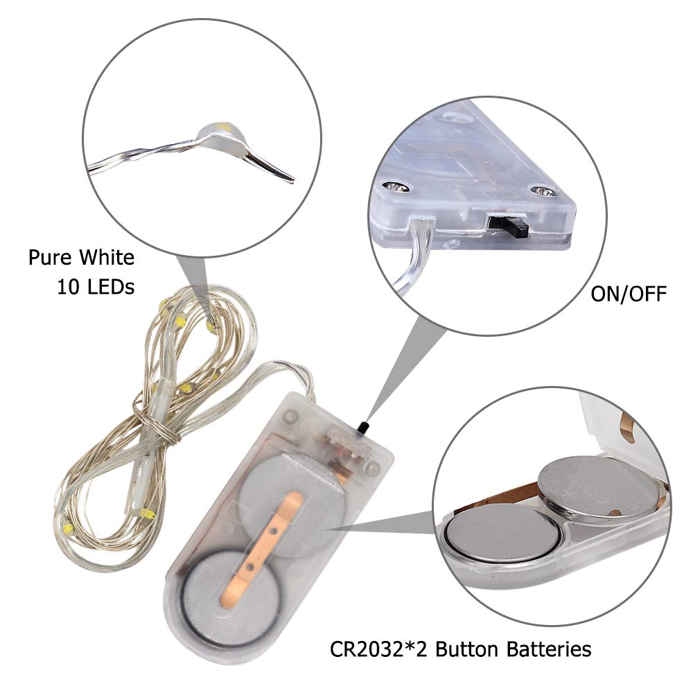Icstation 3ft/1m Fairy String Light Pure White Strip Lights 10 Micro LED CR2032 Battery Powered Waterproof for Christmas Garden Patio Wedding Bedroom Decoration (Pack of 10)
