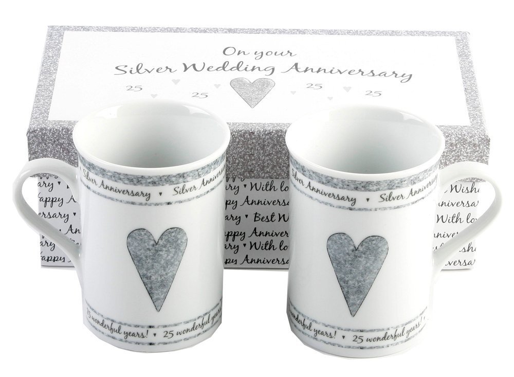 Happy Homewares Beautifully Designed 25th Silver Anniversary Mug Set with Matching Gift Box