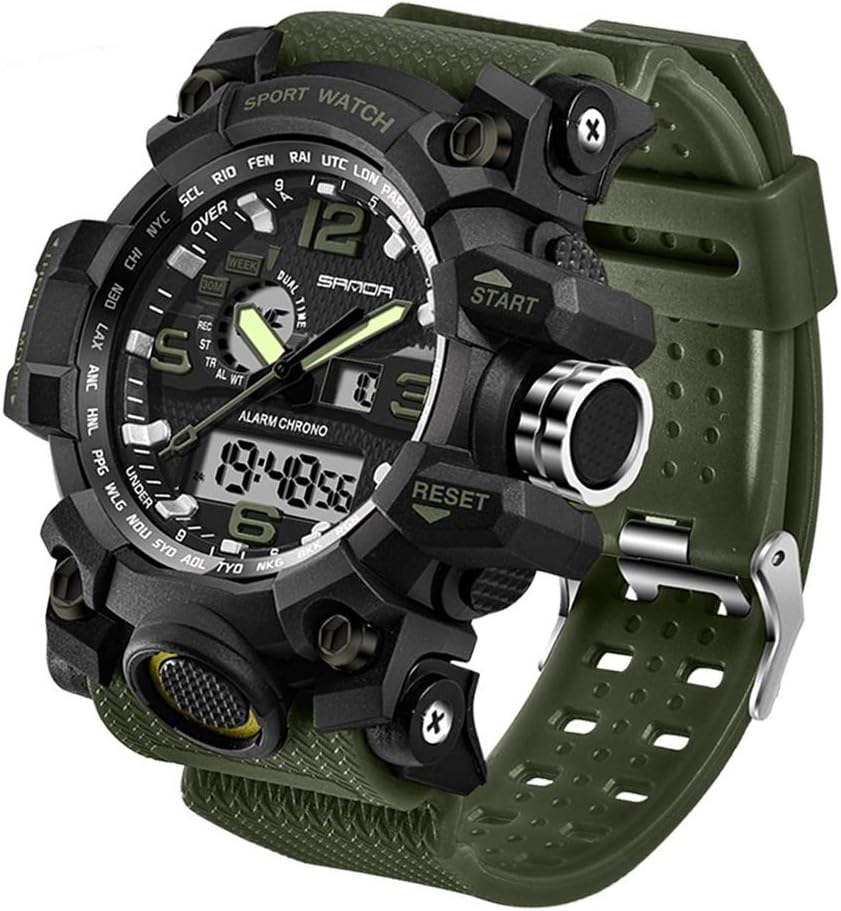 Menโs Military Watch, Dual-Display Waterproof Sports Digital Watch Big Wrist for Men with Alarm (Army Green)