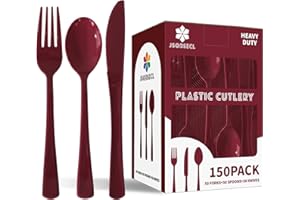 JSQBSECL 150 Pack Plastic Silverware,Disposable Cutlery Set Heavy Duty Utensil Sets 50 Forks 50 Knives 50 Spoons for Brithday, Wedding,Home Office School Party Picnics (Burgundy)