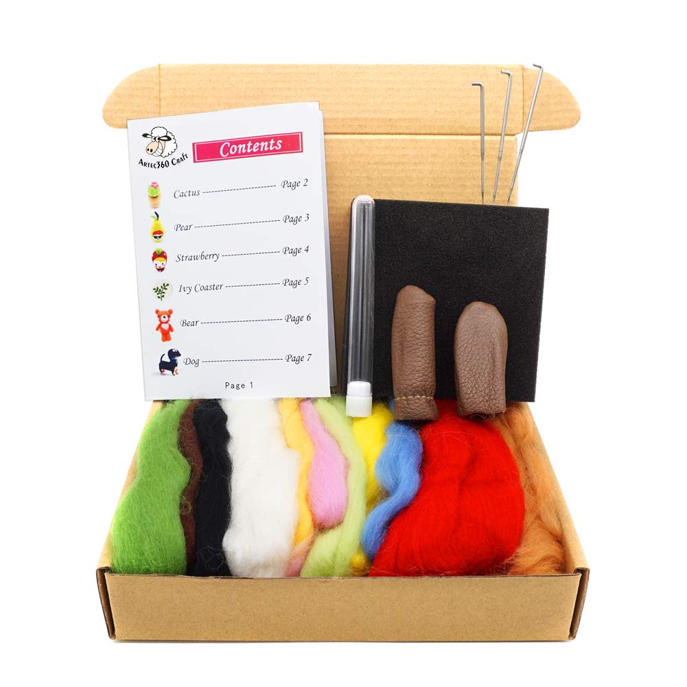 Feltsky Felting Kits Wool Roving 11 Colours 80g Enough to Make 6 Kits - 3 Needles, 1 Pair Leather Gloves, Foam Mat and Handbook