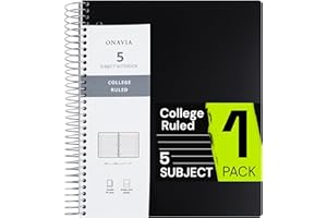ONAVIA Spiral Notebook for School, 5 Subject, College Ruled Paper, 200 Sheets, 9" x 11", 5 Dividers with Pockets, 3 Hole Punched Perforated, Plastic Cover, Lined Journal, School Supplies, Black
