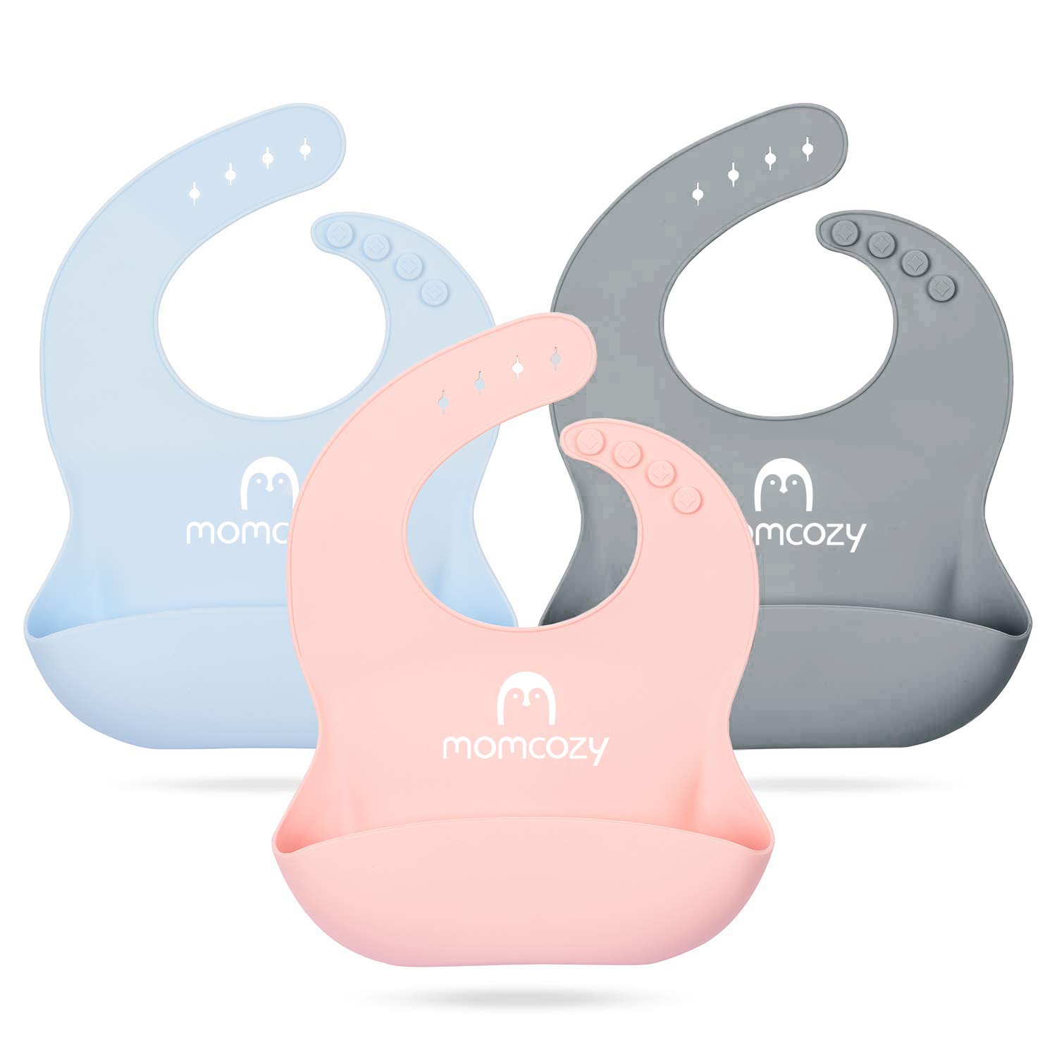 Momcozy Baby Silicone Bibs Easily Clean Set of 3, Soft Adjustable Toddler Silicone Bibs for Babies Girl and Boy, Waterproof, Pinkish Orange, Light Blue and Light Grey