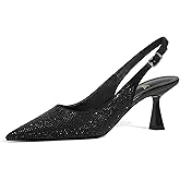 LOCERICH Women's Kitten Heels Slingback Low Heel Dress Shoes Closed Toe Pumps Rhinestone Pointed Toe Sparkly Sling Back Bridal Wedding Party