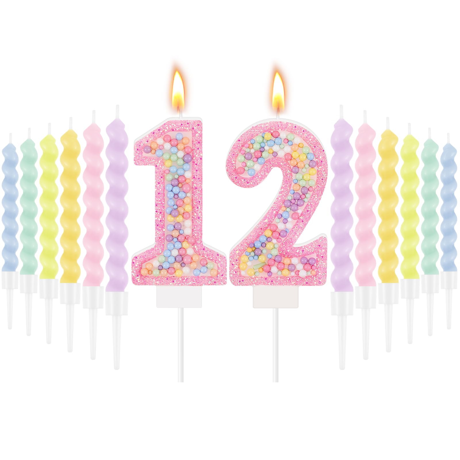 MTLEE Number 12 Birthday Candle with 12 Pcs Spiral Candles for Girls Macaron Pastel Rainbow Unicorn Pink Cake Topper for Sweet Theme Party Decoration