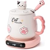 Bgbg Coffee Mug Warmer & Cute Cat Mug Set, Beverage Cup Warmer for Desk Home Office with Three Temperature Up to 140℉/ 60℃, Coffee Warmer for Cocoa Milk Tea Water Candle, 8 Hours Auto Shut Off