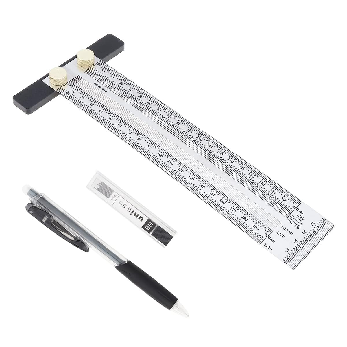 Smgda Precision Marking T-Ruler, 200mm Stainless Steel T Square, Woodworking Scribing Marking Tools with Mechanical Pencil & 0.5mm Refill, Scribing Line Ruler for Carpenters, Designers, Architects