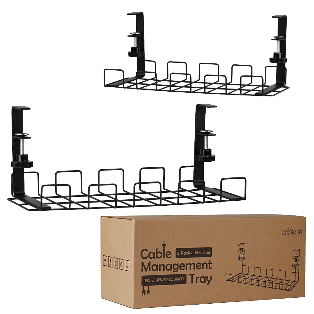 Photo 1 of Under Desk Cable Management Trays 2 Pack, 16" Clamp Mounted Cord Organizer Holder Wire Organization No Drill Holes Needed for Computer Home Office Standing Tables to Conceal Power Strips