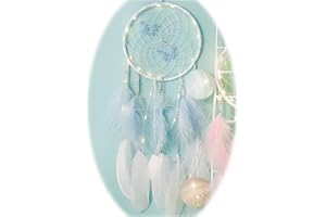 YRY Sweet Dreams Dream Catcher, Handmade Cute LED Dream Catchers for Wall Window Bookshelf Hanging Decoration Blessing Gift with Tassel Ribbon Natural Feathers (BlueWhite - Blue Butterflies)