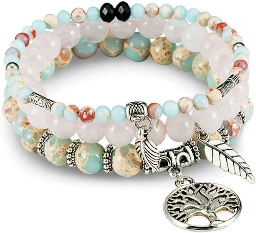 FANCY SHINY Gemstone Bead Bracelets Tree of Life Charms Yoga Healing Stone Bracelet Set for Women