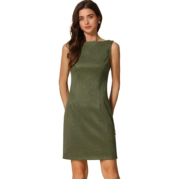 Allegra K Faux Suede Dresses for Women's Sleeveless Crewneck Split Hem Work  Office Sheath Dress X-Small Army Green at Amazon Women's Clothing store