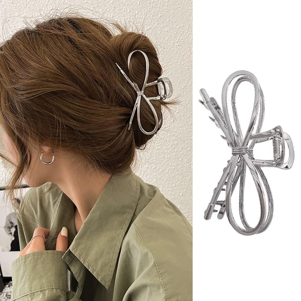 Photo 1 of 1Pcs Metal Silver Bow Hair Claw Clips - Large Fashion Hair Accessories for Women Girls, Strong Hold Alloy Elegant Jaw Grip Clips for Thin or Thick Hair Styling