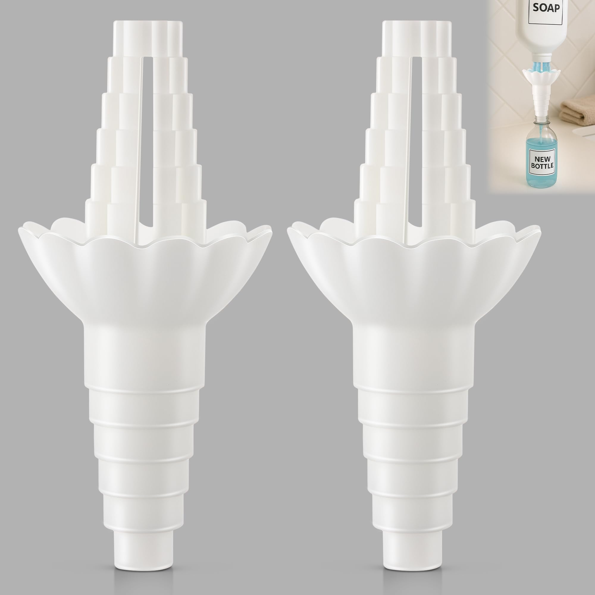 Photo 1 of Enhon 2 Pack Universal Bottle Emptying Kit Style Liquid Transfer Connector for Soap, Shampoo, Lotion, Conditioner, and Bathroom Use Reusable Bottle Funnel Adapter, No More Waste