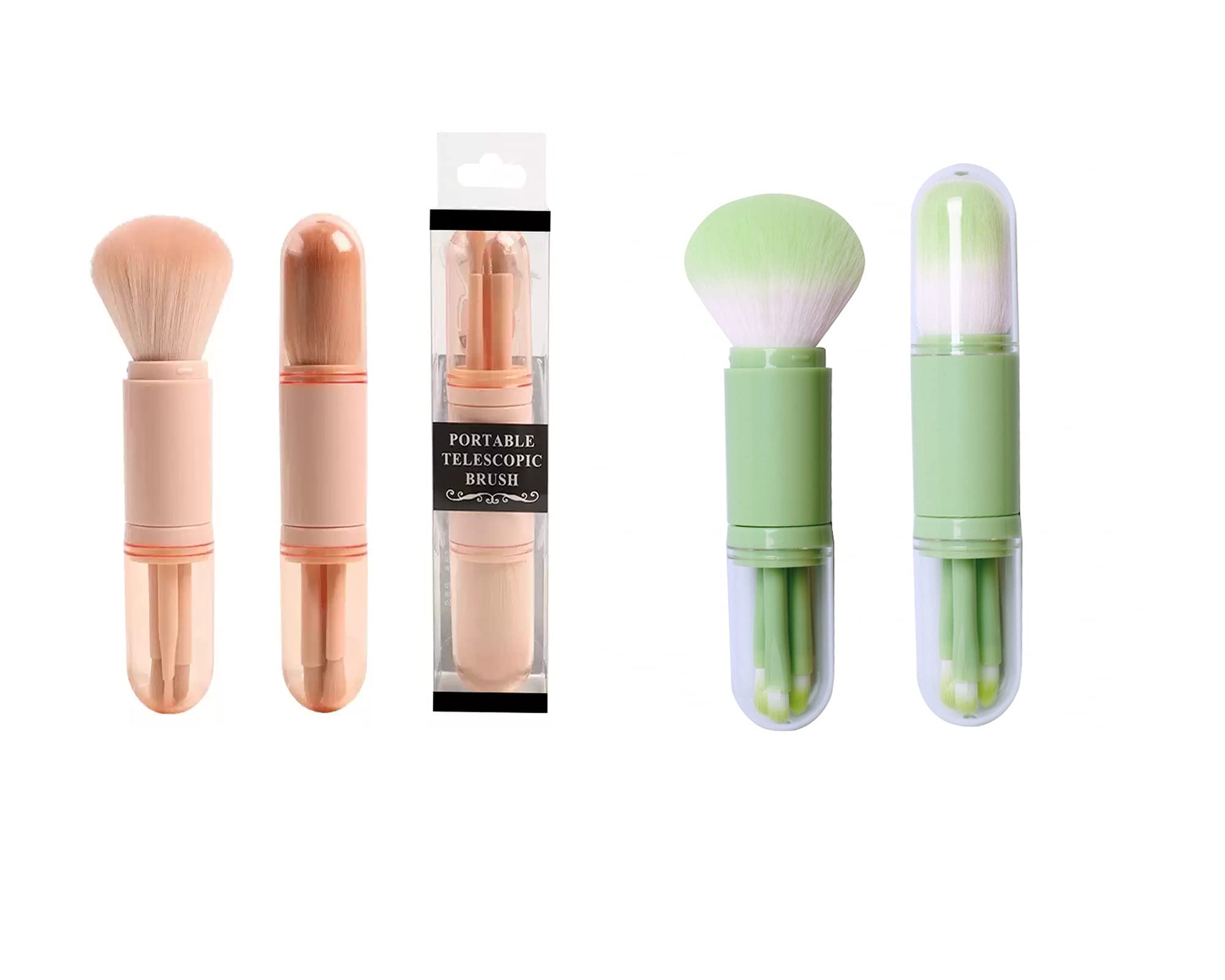 2 Sets 4 in 1 Retractable Makeup Brush Set with Holder, ABEUTY Multifunctional Cosmetic Makeup Brushes Portable Facial Powder Eyeshadow Brushes for Travel (Pink&Green)