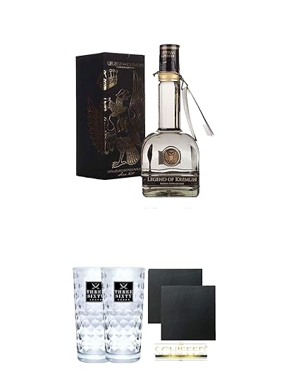 Legend Of Kremlin Wodka 0,5 Liter (halbe) in Geschenkverpackung + Three Sixty Vodka Gläser 2 Stück + Schiefer Glasuntersetzer