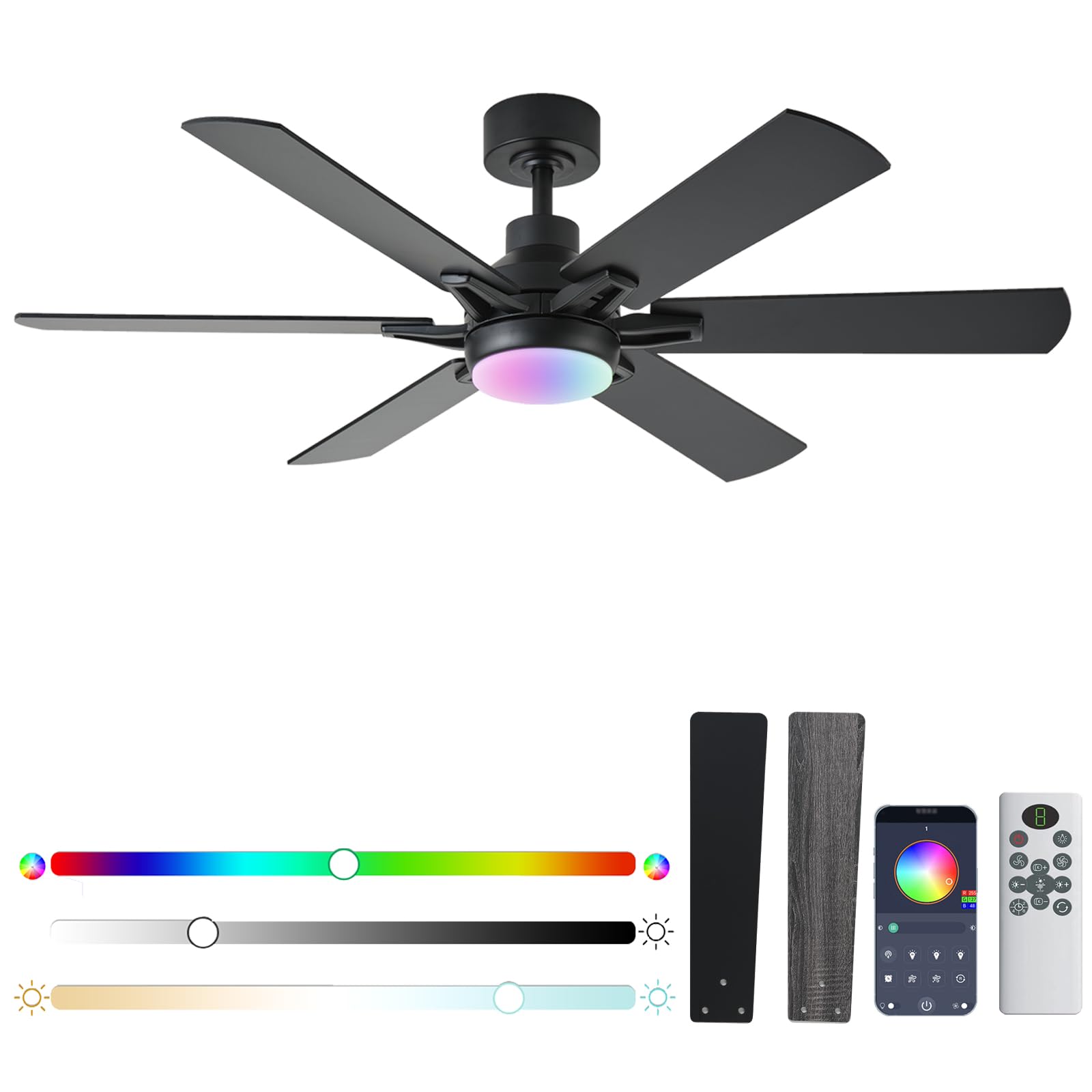 Photo 1 of 52in Ceiling Fans with Lights RGB Ceiling Fan with Light and Remote/APP Control,Low Profile Ceiling Fans with Lights for Bedroom,Living Room,Kids Room,3CCT Dimmable Modern Ceiling Fan, 8 Speeds,Black
