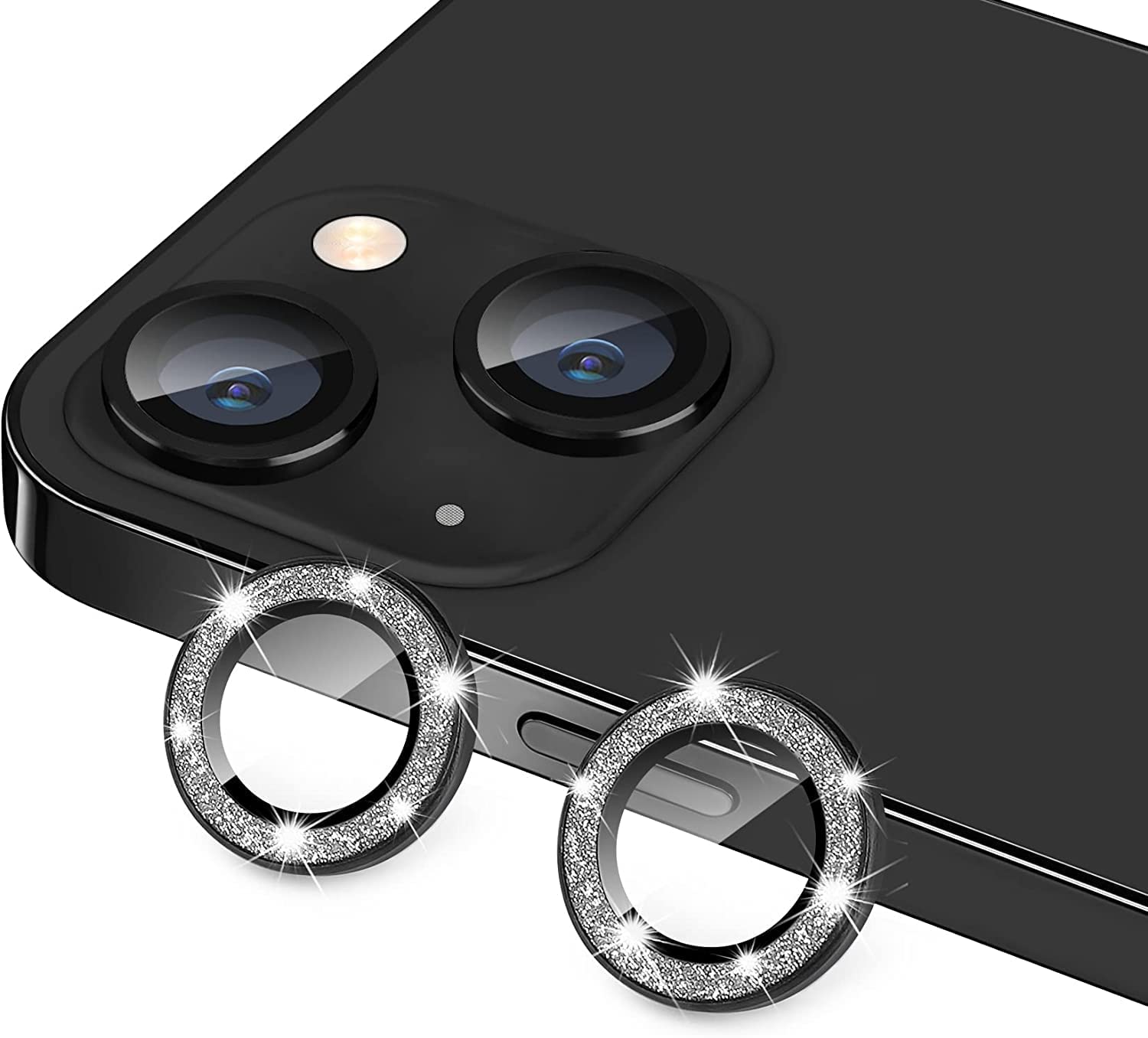 EKAM Camera Lens Protector compatible for iPhone 15 6.1-Inch and iPhone 15 Plus 6.7-Inch 9H Tempered Glass Aluminum Alloy Metal Individual Ring Cover HD Clear Bubble Free Protection (Glitter Black)
