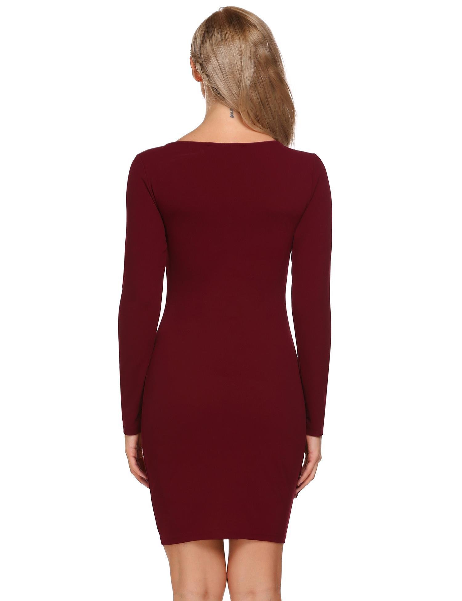 DREZZED Women U Neck Long Sleeve Solid Slim Fit Bodycon Mini Dress Wine Red