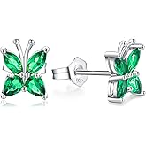 AGRULE Small Butterfly/Dragonfly Stud Earrings 925 Sterling Silver/14K Gold Plated Created Gemstone Birthstone Studs Hypoallergenic Ear Jewelry Gift for Her