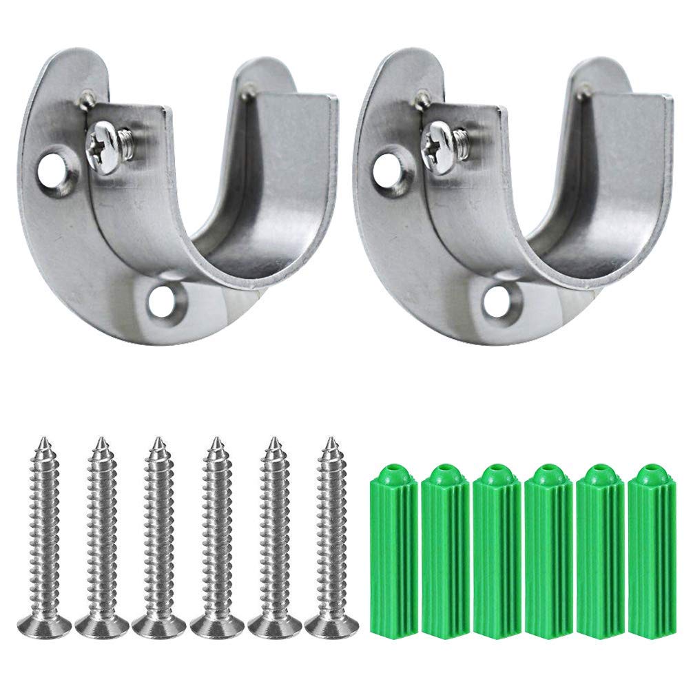 Pveath 2 Pack Stainless Steel Closet Pole Sockets, Heavy Duty Closet Rod End Supports Flange Rod Holder with Screws, U Shaped, Easy Installation Or Quick Removal (25MM)