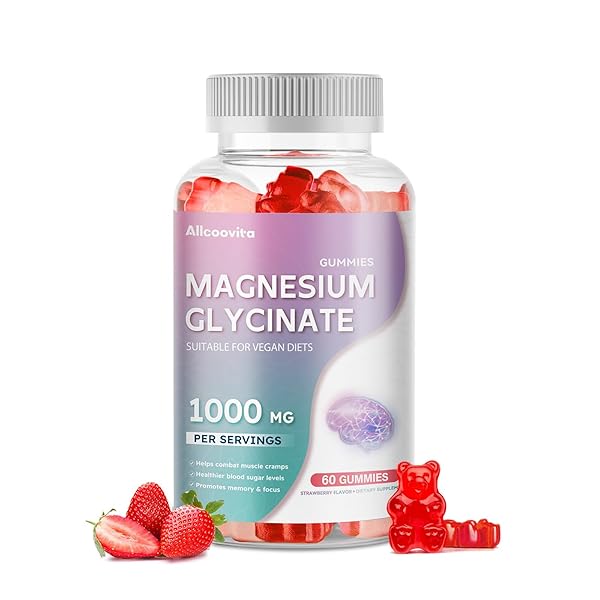 MAGNESIUM GLYCINATE GUMMIES 1000MG – SUGAR FREE MAGNESIUM POTASSIUM SUPPLEMENT WITH VITAMIN D, B6, COQ10 FOR CALM MOOD & SLEEP SUPPORT – 60 STRAWBERRY GUMMIES -1 PACK