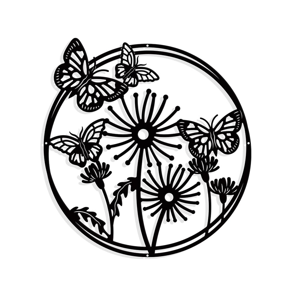 NBEADS Dandelion Butterfly Metal Wall Art Decor, Flat Round Matte Black Wall Hanging Decor Silhouette Wall Art for Home Bedroom Living Room Bathroom Kitchen Office Hotel Wall Decoration, 28.4×30cm