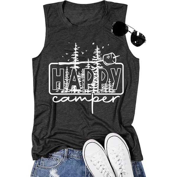 Happy Camper Tank Top For Women - Hiking, Mountain Graphic Sleeveless Shirt, Outdoor Adventure Workout Top