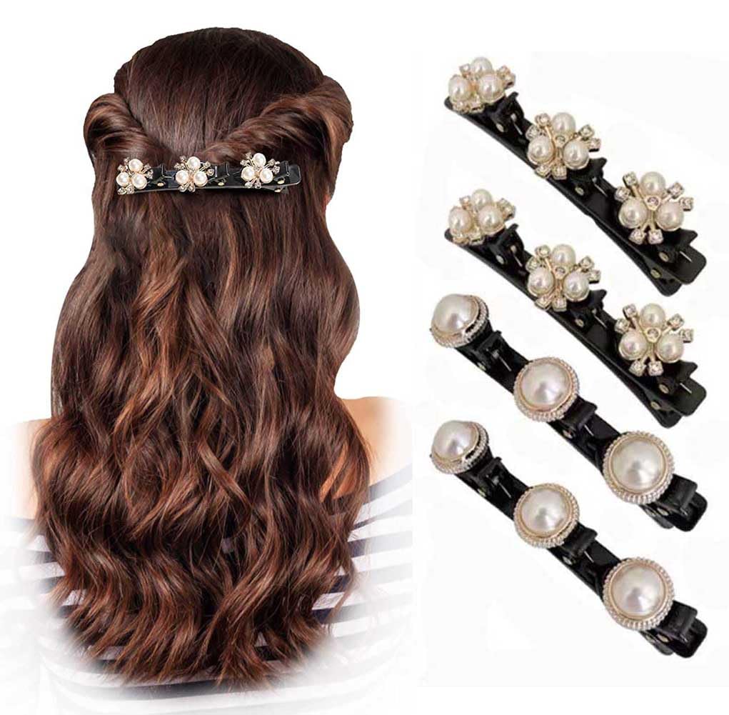 4PCS Sparkling Crystal Stone Braided Hair Clips with 3 Small Clips, Pearl shaped hairpin duckbill clip,Braided Hair Clip with Rhinestones for Girls Women Hair Accessories