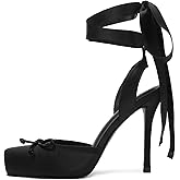 Riekhany Satin Ballet Heels for Women Closed Square Toe Bow Ballerina Heels Lace Up High Heel Slingback Pumps Strappy Stiletto Mary Janes Elegant Party Shoes