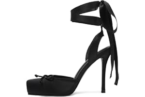 Riekhany Satin Ballet Heels for Women Closed Square Toe Bow Ballerina Heels Lace Up High Heel Slingback Pumps Strappy Stiletto Mary Janes Elegant Party Shoes